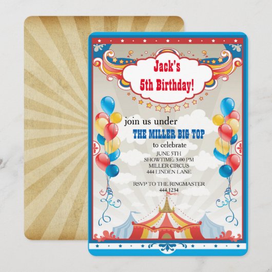 Circus Big Top Carnaval Verjaardagsfeest Uitnodigi Kaart (Voorkant / Achterkant)