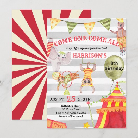 Circus Birthday Carnival Cute Waterverf Kinder Kaart (Voorkant / Achterkant)