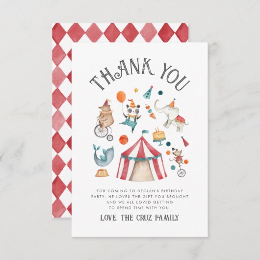 Circus Birthday - Dank je wel Bedankkaart (Voorkant / Achterkant)