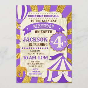 Circus Birthday Invitation Carnaval Paars Gold Kaart