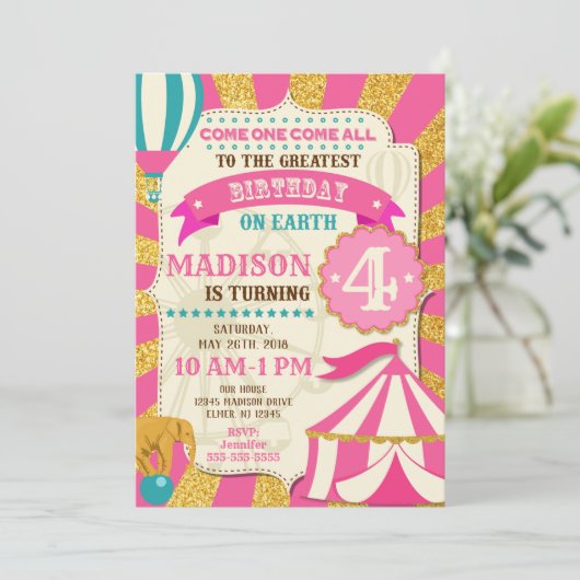 Circus Birthday Invitation Carnaval Pink Gold Kaart (Staand voorkant)