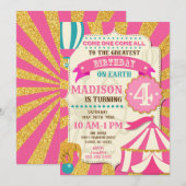 Circus Birthday Invitation Carnaval Pink Gold Kaart (Voorkant / Achterkant)