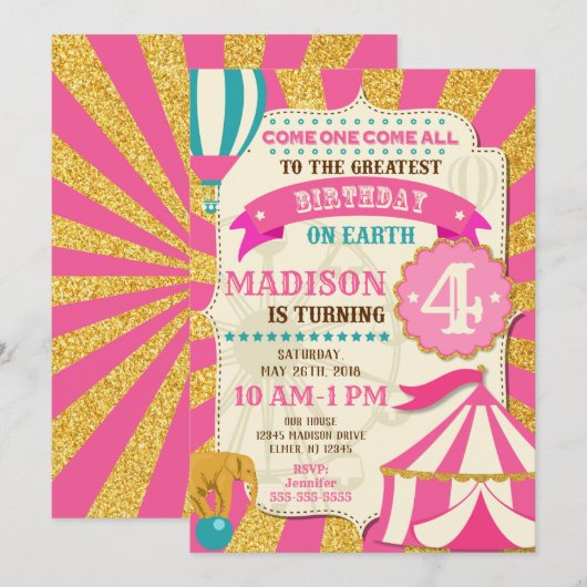 Circus Birthday Invitation Carnaval Pink Gold Kaart (Voorkant / Achterkant)
