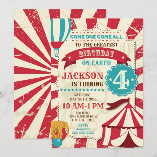 Circus Birthday Invitation Carnival Invite Kaart (Voorkant / Achterkant)