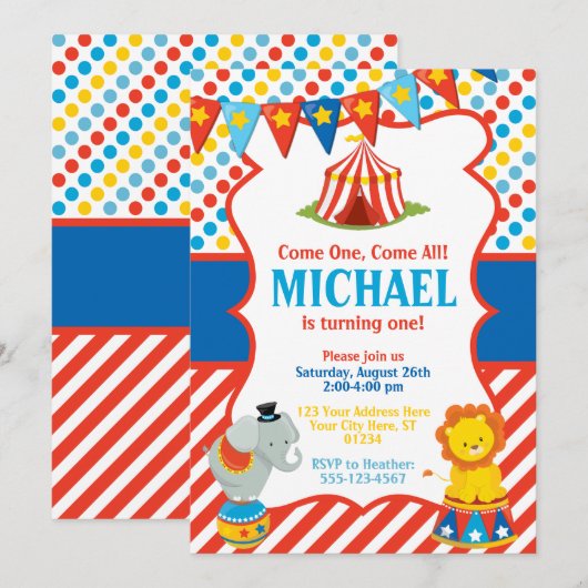 Circus Birthday Invitation - Carnival Thema Kaart (Voorkant / Achterkant)