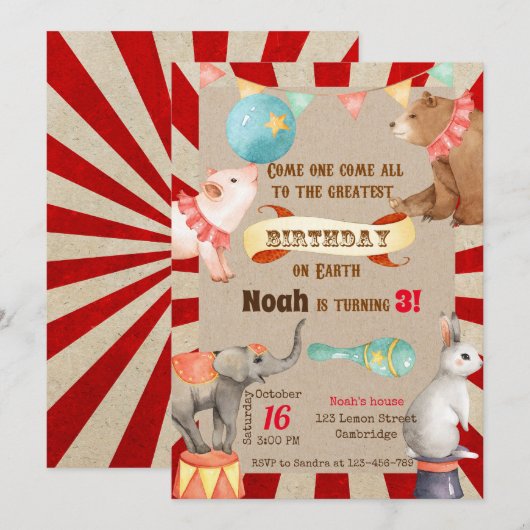 Circus Birthday Invitation, Circus Invitation Kaart (Voorkant / Achterkant)