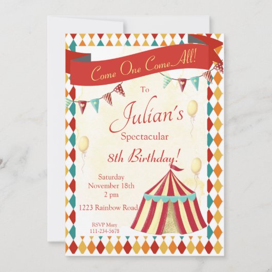 Circus Birthday Invitation, Editable Carnival Kaart (Voorkant)
