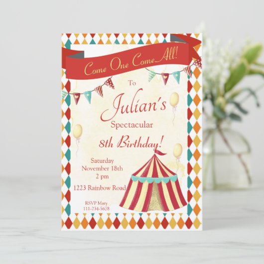 Circus Birthday Invitation, Editable Carnival Kaart (Staand voorkant)