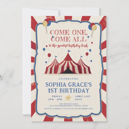 Circus Birthday Party Carnaval 1st Birthday Kaart (Voorkant)