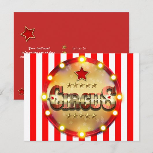 Circus Birthday Party Event Red White Gold Striped Aankondigingskaart (Voorkant / Achterkant)