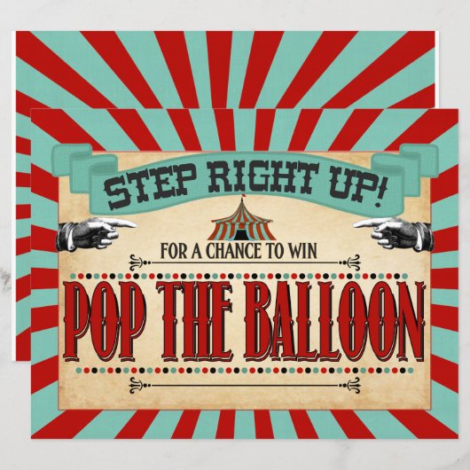 Circus Birthday Party Game Sign Pop de ballon (Voorkant / Achterkant)