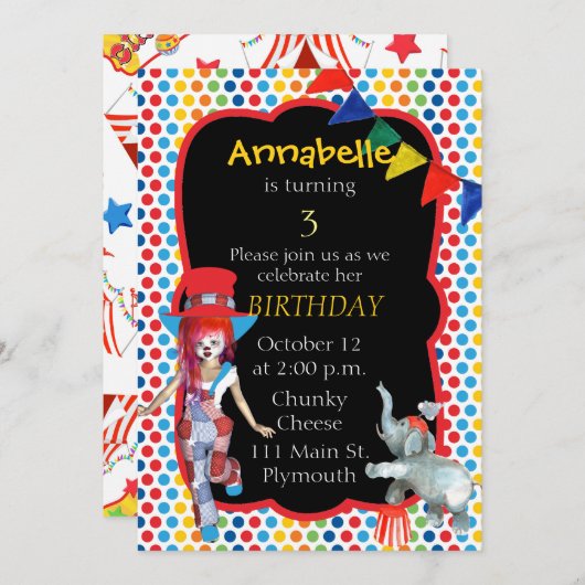 Circus Birthday Party Invitation Kaart (Voorkant / Achterkant)