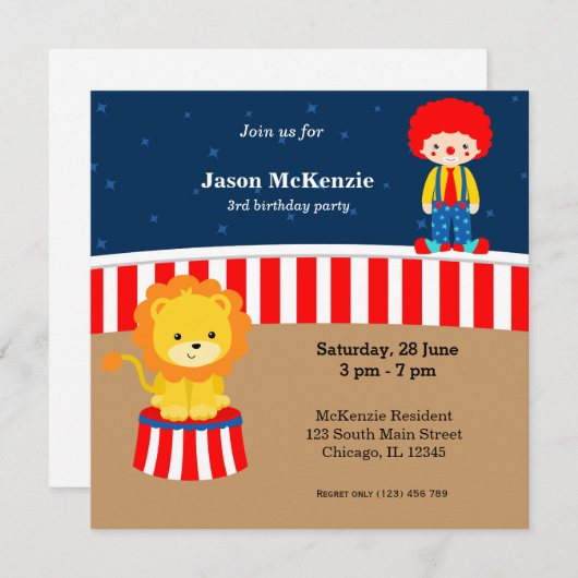 Circus Birthday party Kaart (Voorkant / Achterkant)
