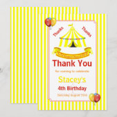 Circus Birthday Party Yellow Bedankkaart (Voorkant / Achterkant)