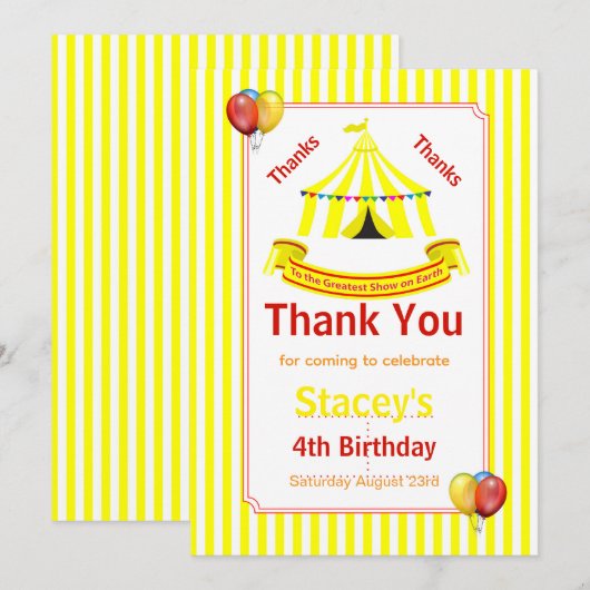 Circus Birthday Party Yellow Bedankkaart (Voorkant / Achterkant)