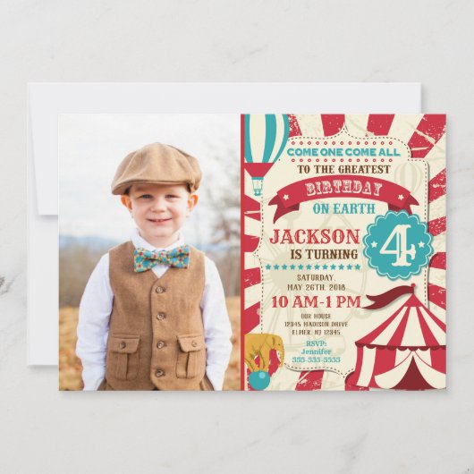 Circus Birthday Photo Invitation Carnival Invite Kaart (Voorkant)