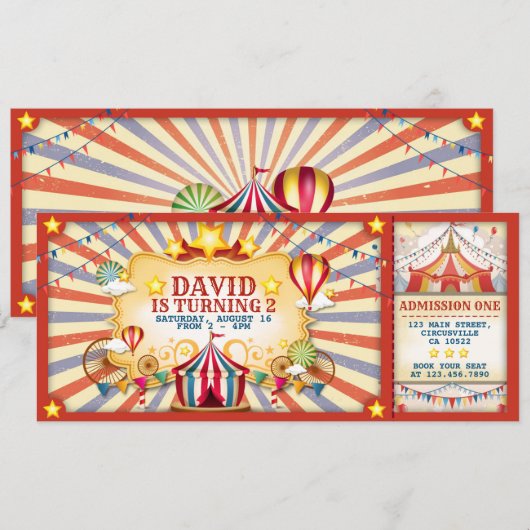  Circus Birthday Ticket Uitnodiging (Voorkant / Achterkant)