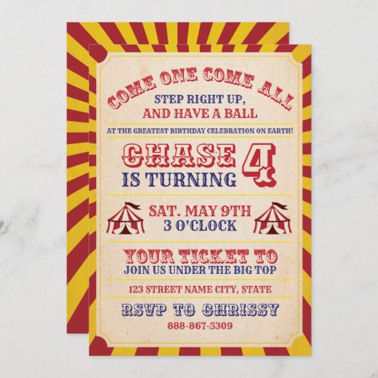 Circus Birthday Uitnodiging (Voorkant / Achterkant)