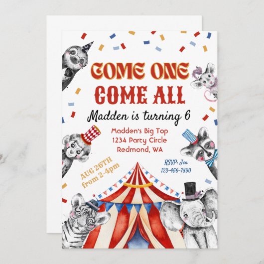 Circus Birthday Uitnodiging | Carnaval-uitnodiging (Voorkant / Achterkant)