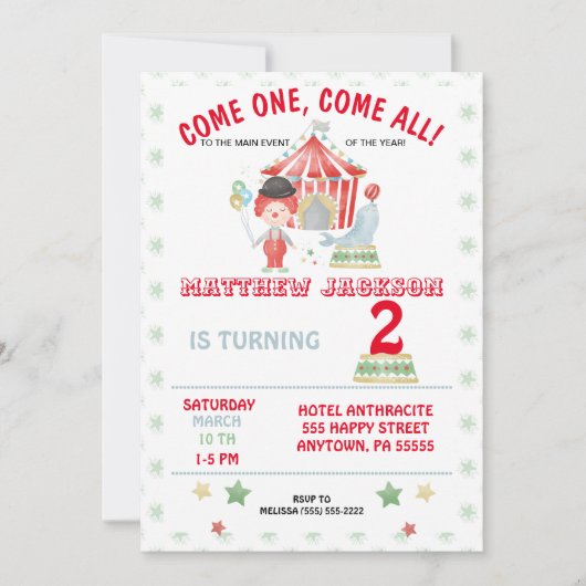 Circus Birthday-uitnodiging, kom er eentje, kom al Kaart (Voorkant)