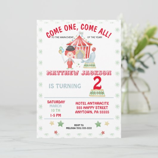 Circus Birthday-uitnodiging, kom er eentje, kom al Kaart (Staand voorkant)