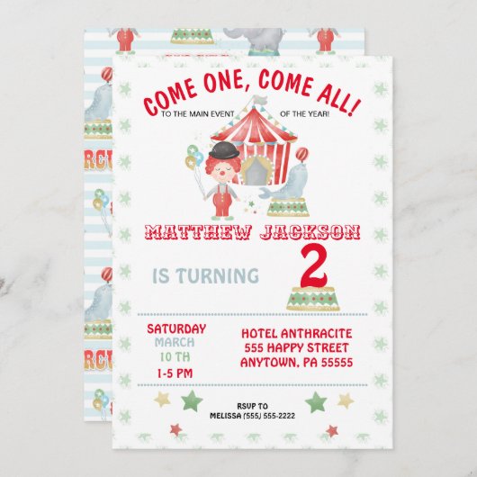 Circus Birthday-uitnodiging, kom er eentje, kom al Kaart (Voorkant / Achterkant)