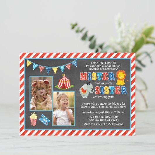 Circus Birthday Uitnodiging | Siblings-carnaval (Staand voorkant)