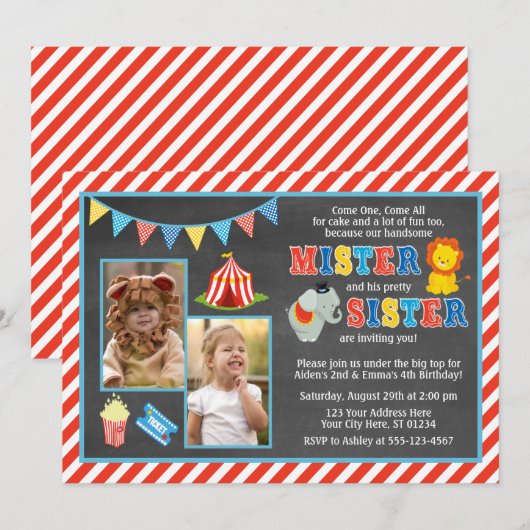 Circus Birthday Uitnodiging | Siblings-carnaval (Voorkant / Achterkant)