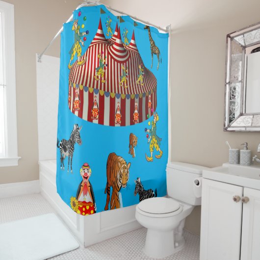 Circus blauw rood wit kindergordijn douchegordijn (In situ)