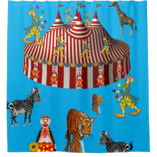 Circus blauw rood wit kindergordijn douchegordijn (Voorkant)