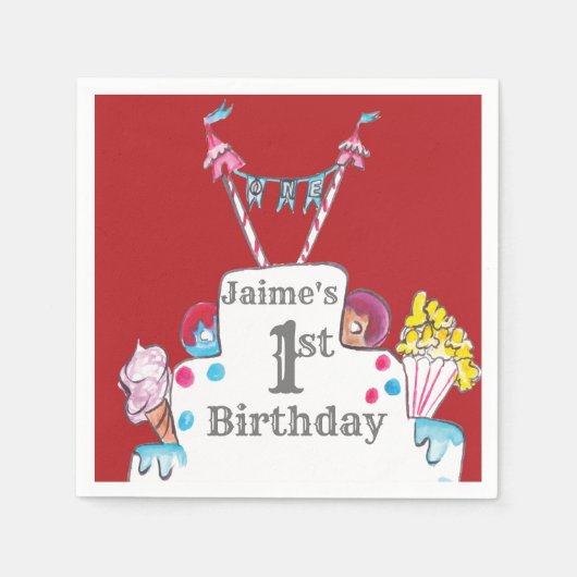  Circus Cake 1st Birthday Waterverf Servet (Voorkant)