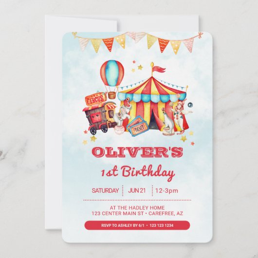 Circus carnaval 1e verjaardag foto uitnodiging (Voorkant)