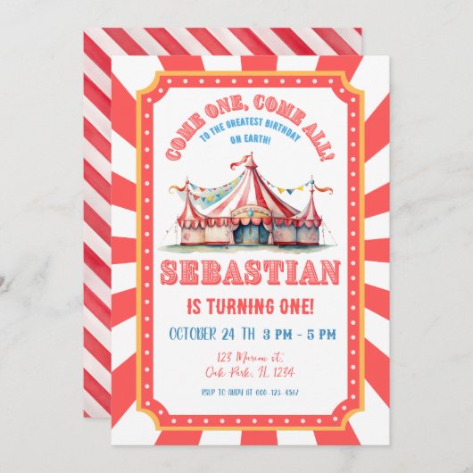 Circus Carnaval 1e verjaardagsfeest Kaart (Voorkant / Achterkant)