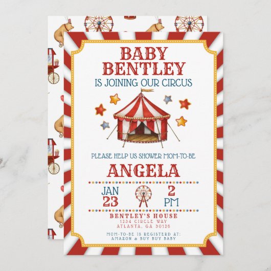 Circus Carnaval Baby shower Uitnodiging (Voorkant / Achterkant)