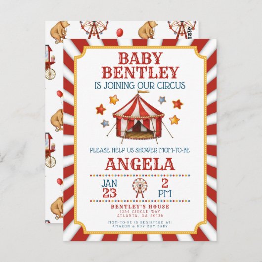 Circus Carnaval Baby shower Uitnodiging (Voorkant / Achterkant)
