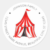 Circus Carnaval Big Top Rode Tent Kind Adreslabel Ronde Sticker (Voorkant)