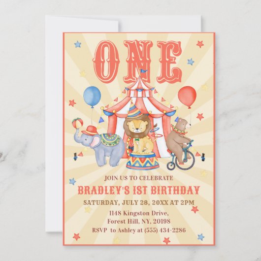 Circus Carnaval & Dieren 1e Verjaardag Uitnodiging (Voorkant)