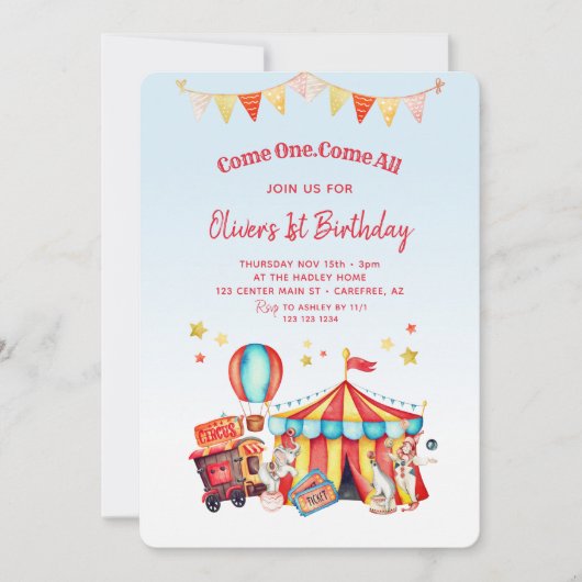 Circus carnaval jongens 1e verjaardag kaart (Voorkant)