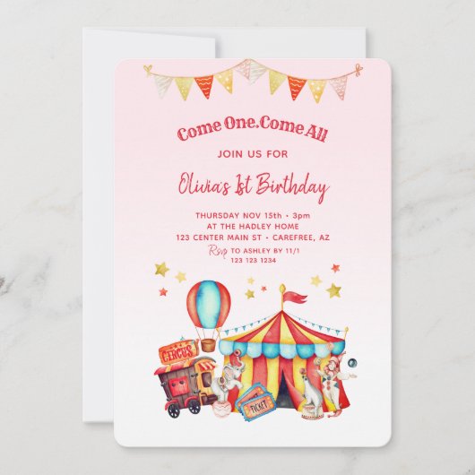 Circus Carnaval Meisjes 1e Verjaardag Kaart (Voorkant)