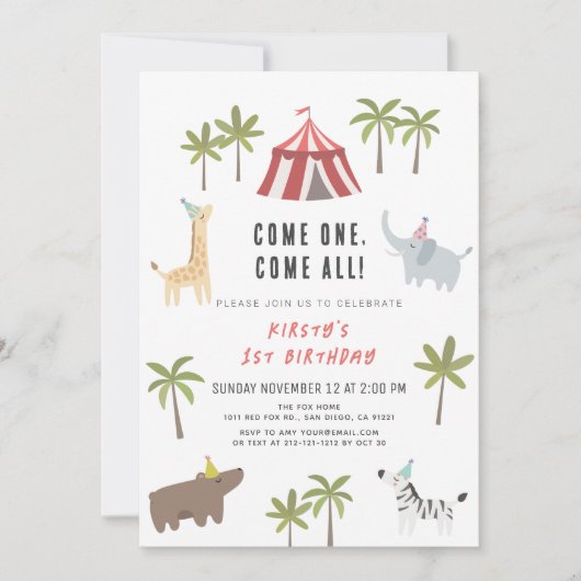 Circus carnaval Party Animals 1st Birthday Invitat Kaart (Voorkant)