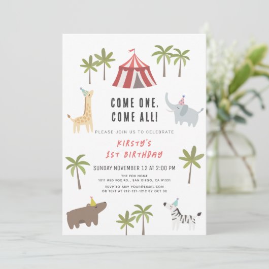 Circus carnaval Party Animals 1st Birthday Invitat Kaart (Staand voorkant)