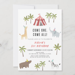 Circus carnaval Party Animals 1st Birthday Invitat Kaart