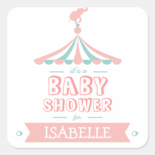 Circus Carnaval Roze Blauwgroen Baby shower Sticke Vierkante Sticker