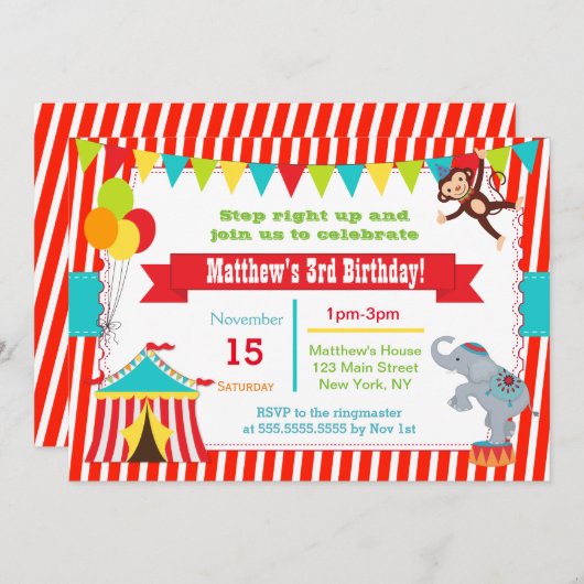 Circus Carnaval Ticket Verjaardagsfeest Uitnodigin Kaart (Voorkant / Achterkant)