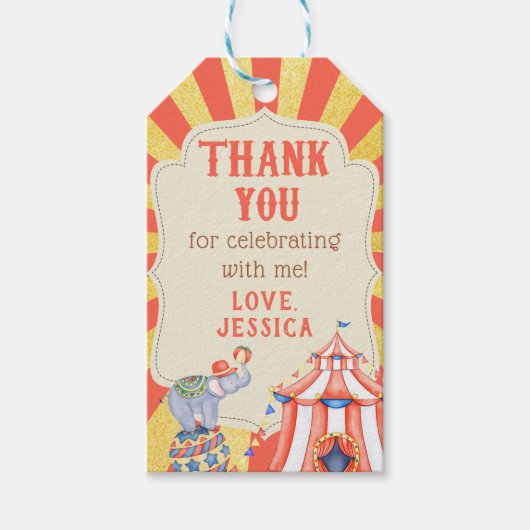 Circus carnaval verjaardag dank u cadeaulabel (Voorkant)