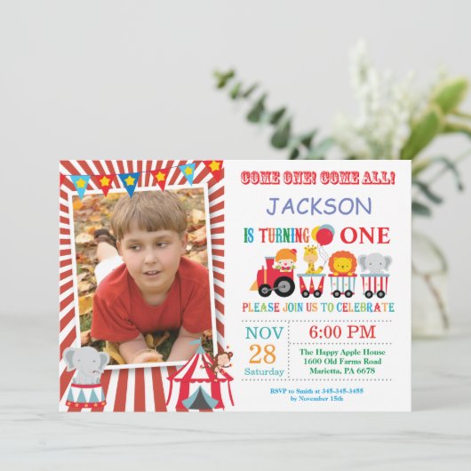 Circus Carnaval Verjaardagsfeest Fotouitnodiging Kaart (Staand voorkant)