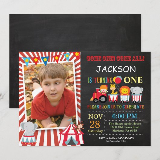 Circus Carnaval Verjaardagsfeest Fotouitnodiging Kaart (Voorkant / Achterkant)