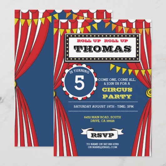 Circus Carnaval Verjaardagsfeest Fun Tent Uitnodig Kaart (Voorkant / Achterkant)