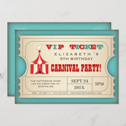  Circus Carnaval Verjaardagsfeest Ticket Kaart (Voorkant / Achterkant)