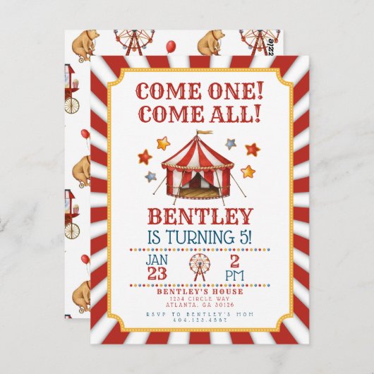 Circus Carnaval Verjaardagsuitnodiging Briefkaart (Voorkant / Achterkant)